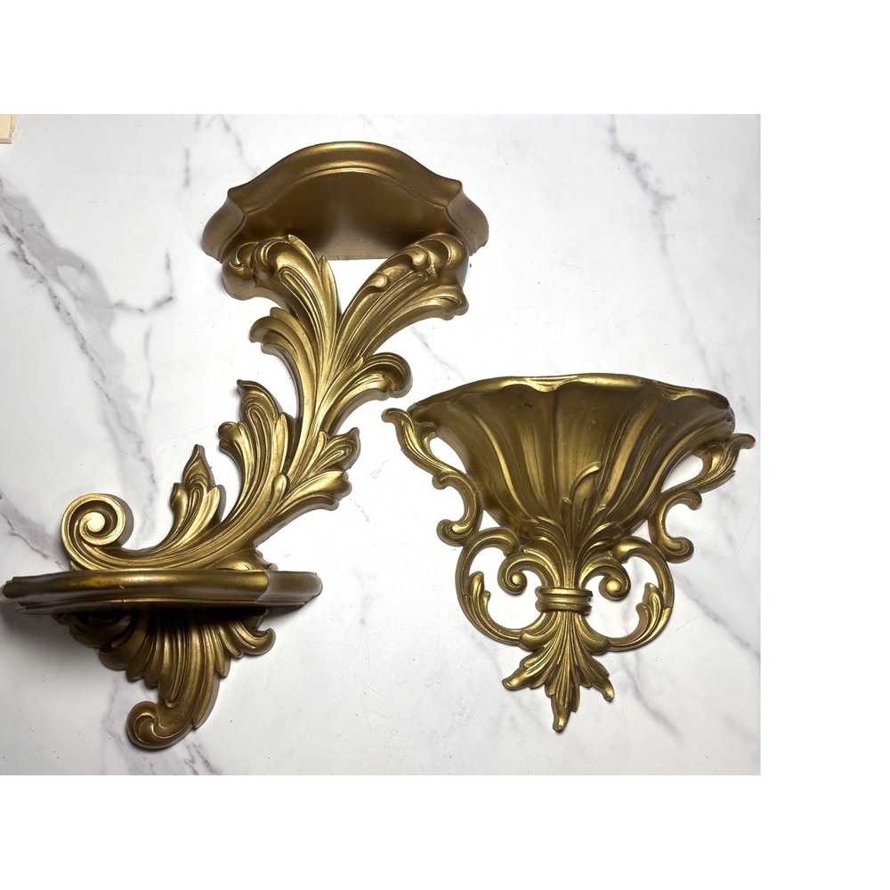 Vintage Gold Wall Shelf and Pocket Planter Set Hollywood Regency Ornate Decor